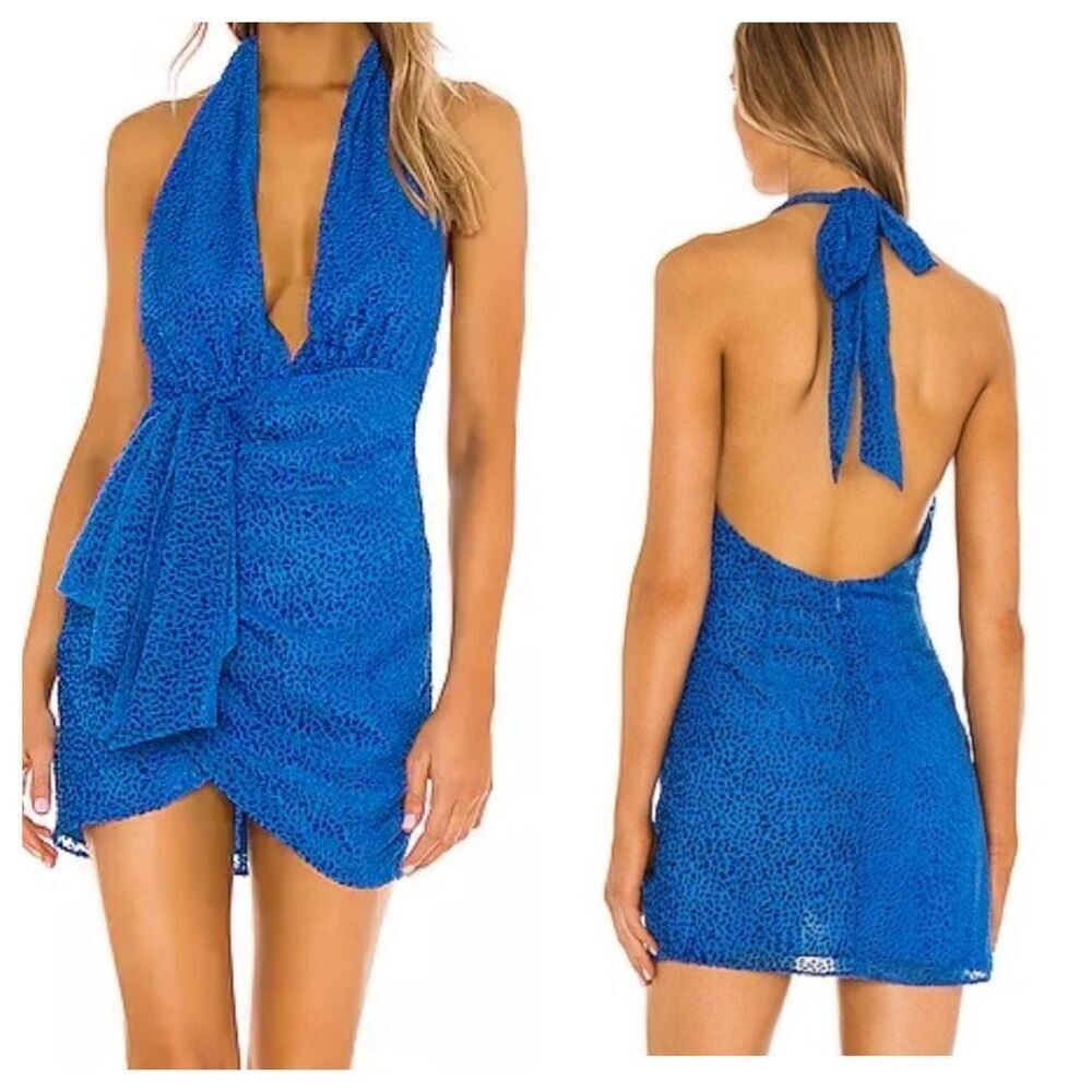 NEW NBD x Revolve Pari Mini Dress Blue‎ Halter Flocked Animal Print Sz Small
